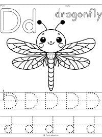 Letter D dragonfly handwriting worksheet