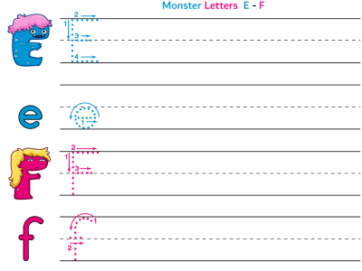 Monsters alphabet worksheet letters e and f