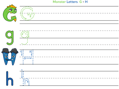 Monsters alphabet worksheet letters g and h