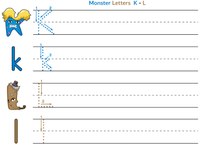 Monsters alphabet worksheet letters k and l