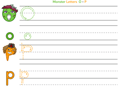 Monsters alphabet worksheet letters o and p