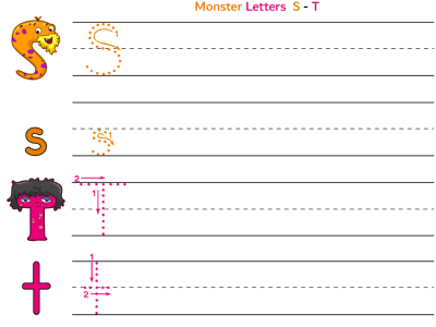 Monsters alphabet worksheet letters s and t