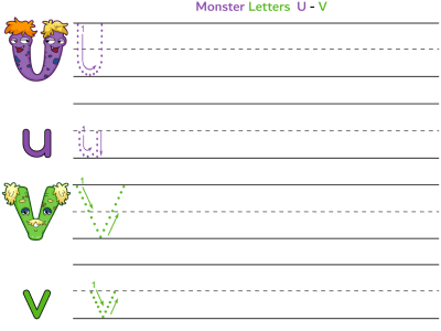 Monsters alphabet worksheet letters u and v