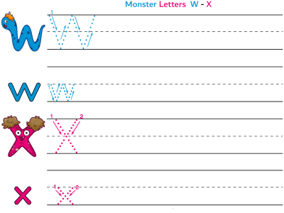 Monsters alphabet worksheet letters w and x