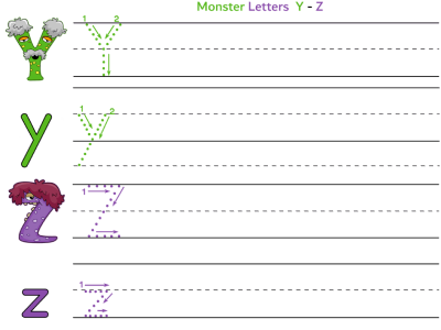 Monsters alphabet worksheet letters y and z