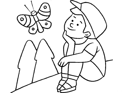 butterfly and boy coloring page