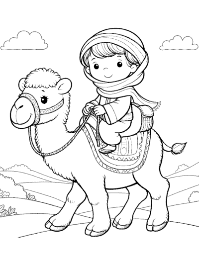 child rides a camel coloring page