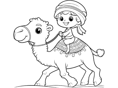 child rides a camel coloring page