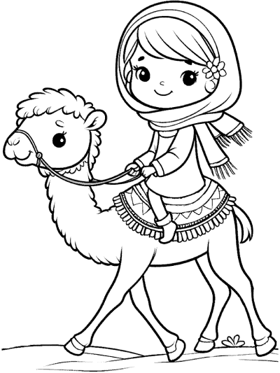 child rides a camel coloring page