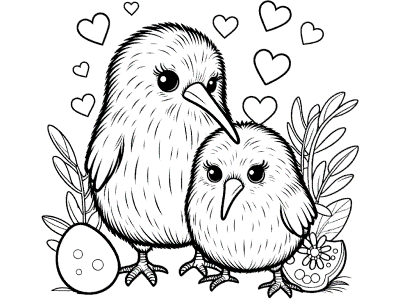 kiwi bird couple coloring page for Valentine's Day