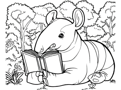 tapir reads in the forest coloring page