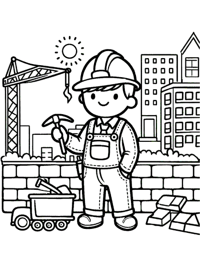 child playing construction coloring page