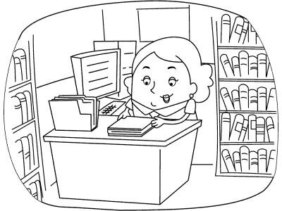 librarian and library coloring page