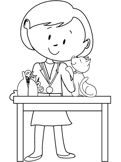 female veterinarian coloring page with cat or dog