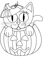 black kitten in jack-o'-lantern coloring page