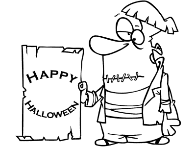 Frankenstein's monster & Happy Halloween sign coloring page