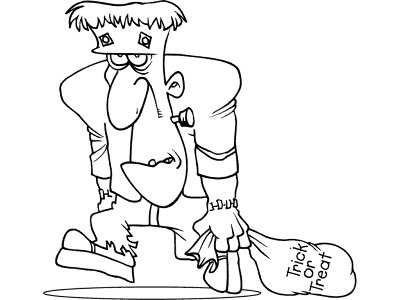 Frankenstein's monster and trick-or-treat bag coloring page