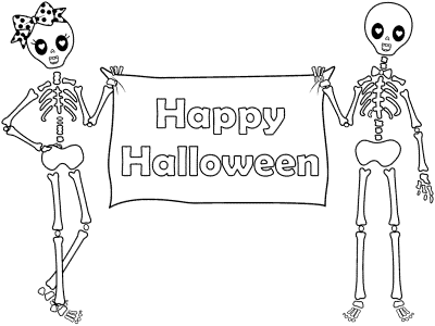 skeletons happy halloween sign coloring page