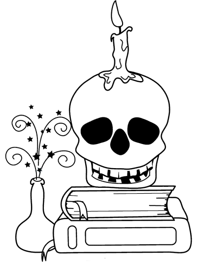 skull, magic potion, spell books and candle coloring page