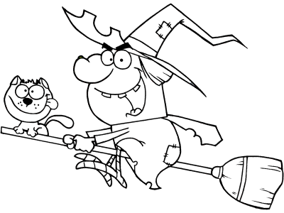 witch, black on a broom coloring page