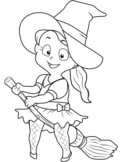 young witch on a broom oloring page