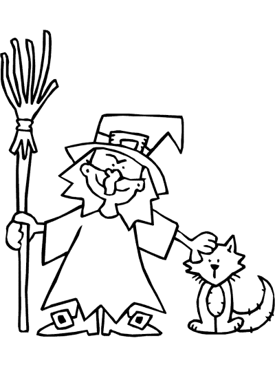 child in witch costume and black cat coloring page