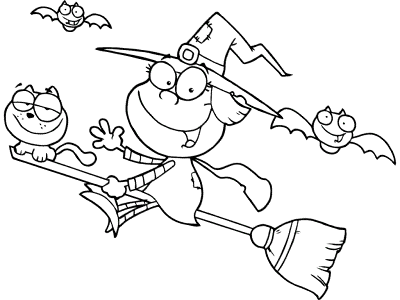 young witch, cat and bats coloring page