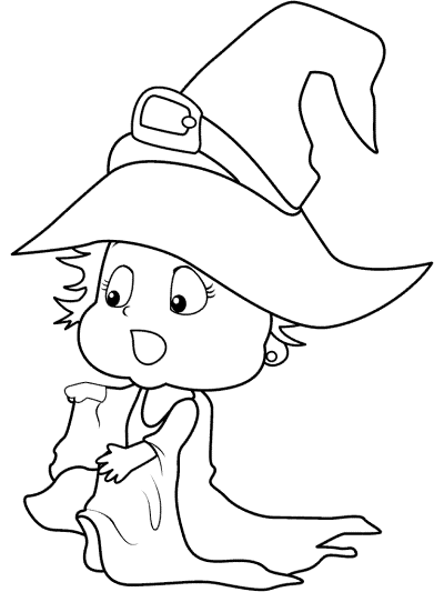 young witch on a broom oloring page