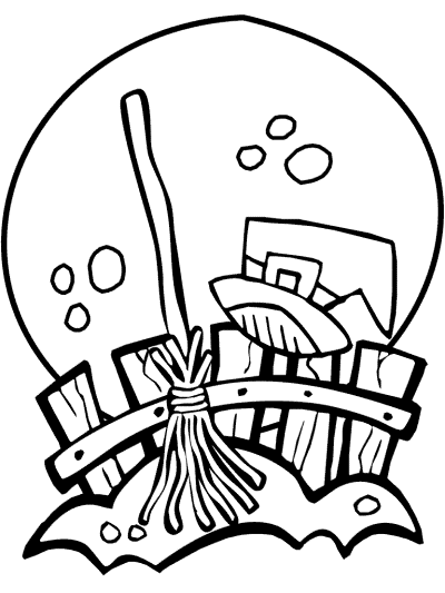 Witch's hat, broom, pumpkin coloring page