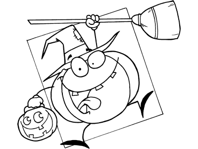 witch pumpkin on broom coloring page