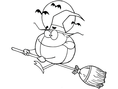 witch pumpkin on a broom coloring page