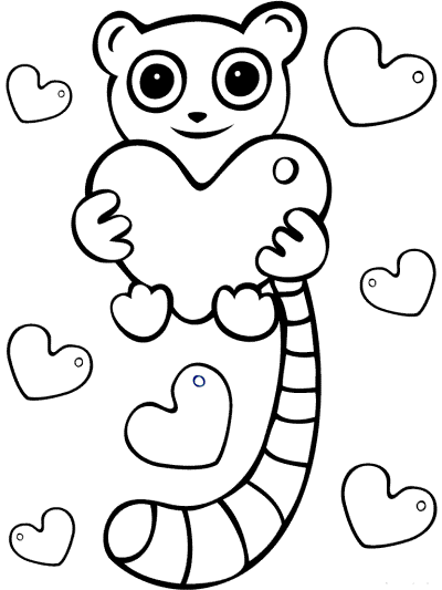 lemur and hearts coloring page for valentine's day