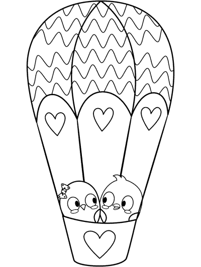 lovebirds in a balloon coloring page for valentine's day