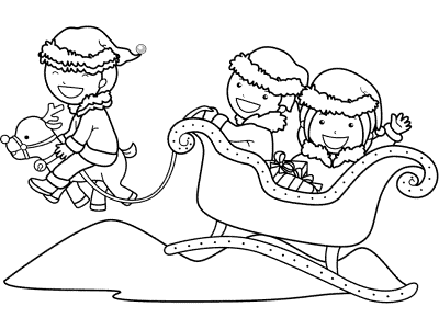 kids, sleigh and reindeer coloring page