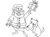 santa claus, dog and gift coloring page