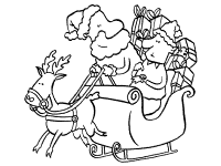 Santa, elf, reindeer deliver gifts coloring page