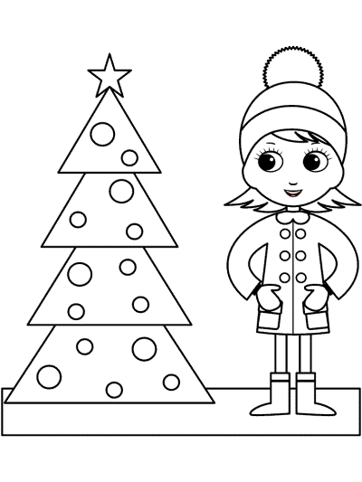 christmas tree and girl coloring page