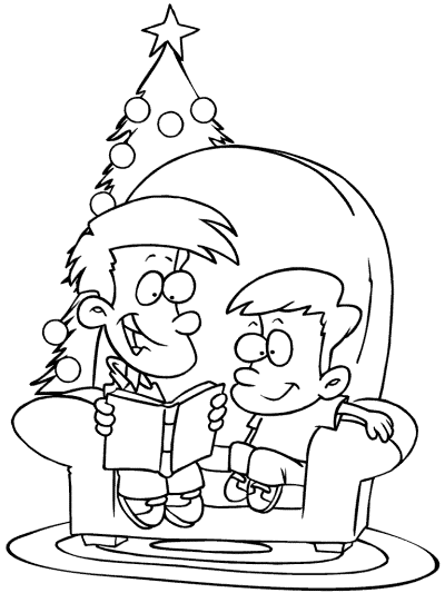 christmas tree and kids reading a book coloring page