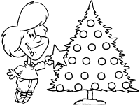 kid decorates christmas tree coloring page