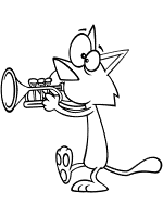 cat plays trumpet coloring page