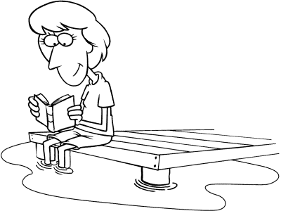 adult reads a book on a pier coloring page