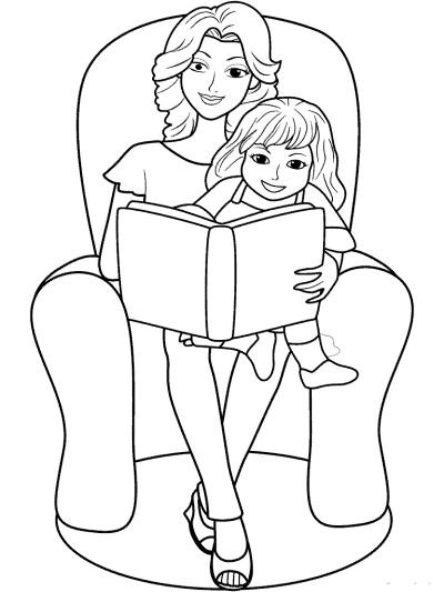 adult reads to child or mom reads to daughter coloring page