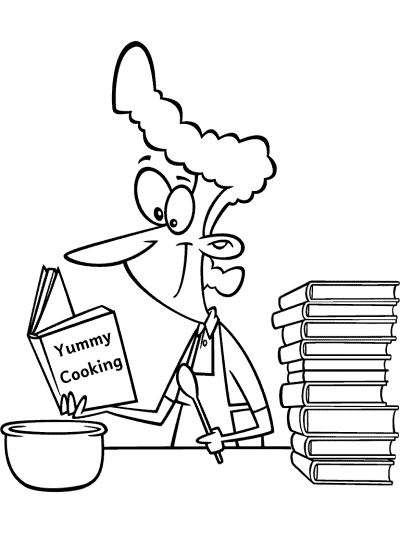 adult reads a cooking book coloring page