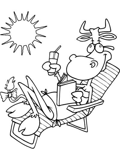 cow reads a book in the summer coloring page