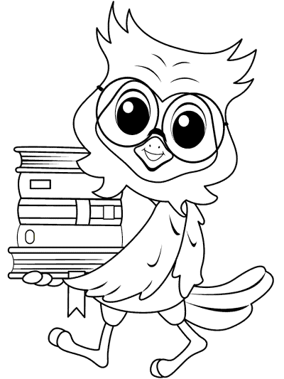 owl carriesa  stack of books coloring page