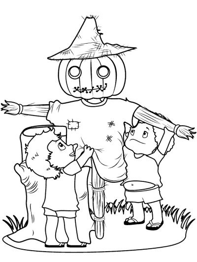 scarecrow  with a pumpkin head and kids coloring page