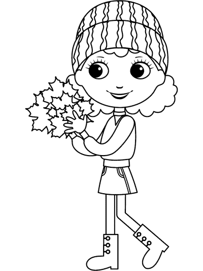 girl and autumn leaves coloring page