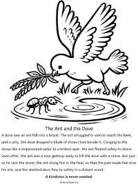 The Ant and the Dove fable coloring page with text