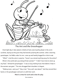 The Ant and the Grasshopper fable coloring page with text