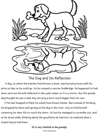 the dog and its reflection fable coloring page with text